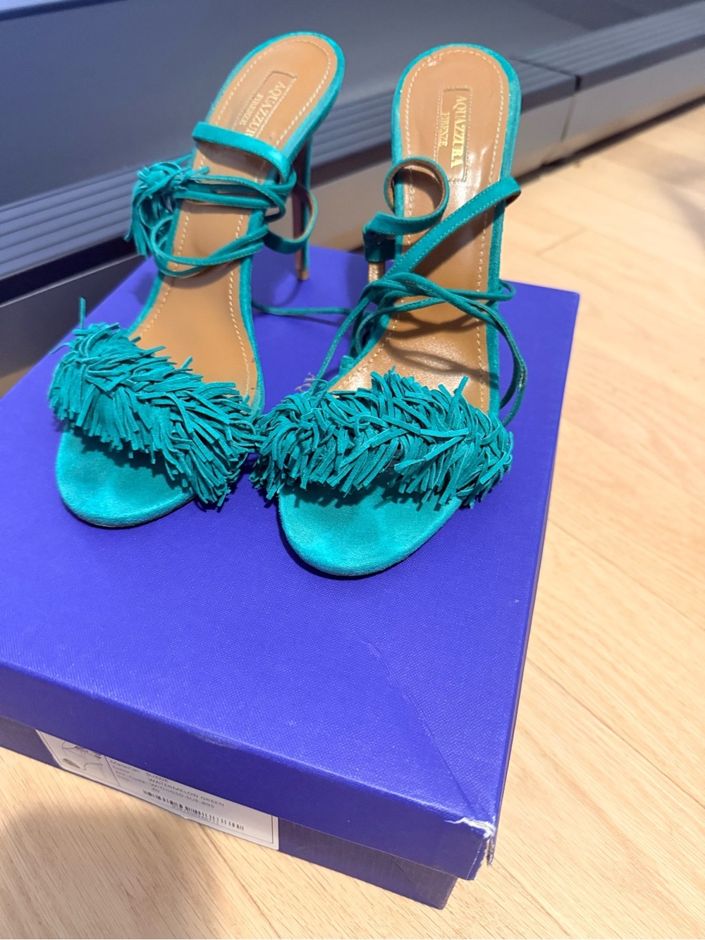 Aquazzura Teal Fringe Suede Strappy Heels